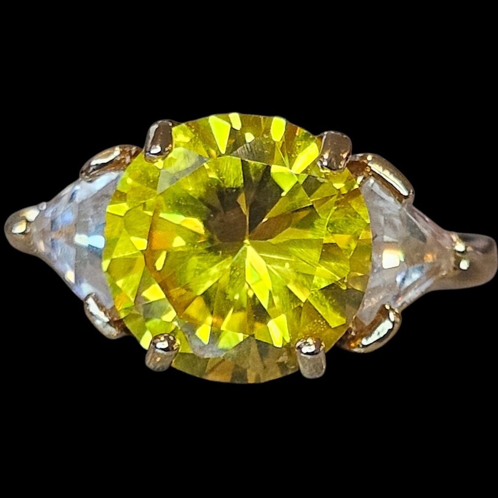 VTG 60s Yellow Cocktail Ring 18K HGE Gold Plate Rhinestone Sz 7 Round Cut - Picture 1 of 16